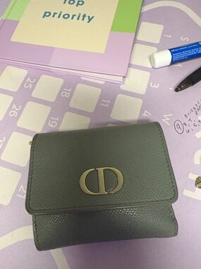 Dior Light sage Gray Leather Zip Card Wallet with Gold Logo